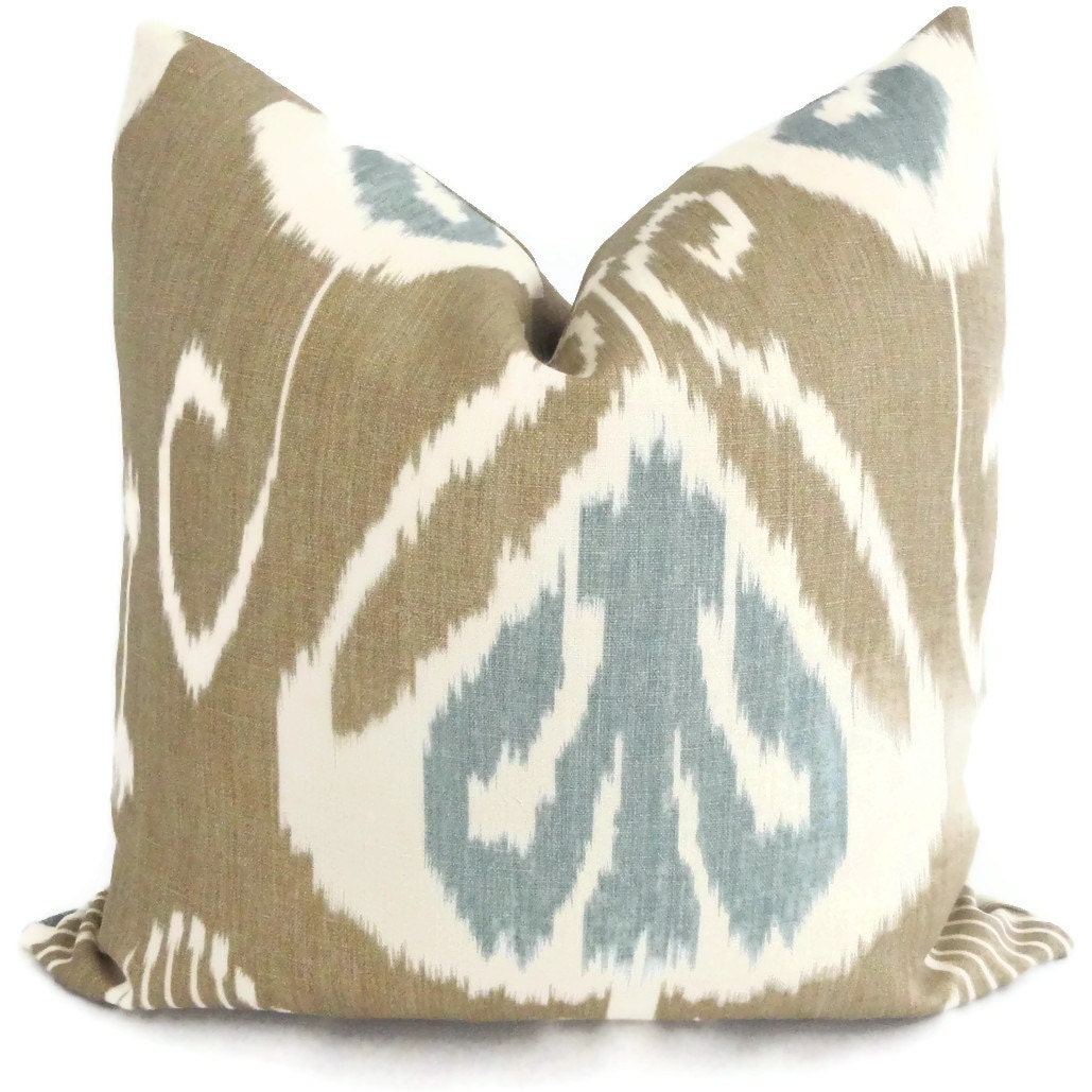 Kravet Taupe and Aqua Blue Ikat Pillow Cover 18x18, 20x20, 22x22