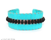 Beaded neon bracelet Bohemain Hippie embroidered cuff summer festival brights aqua black by LuciaFloresDesign