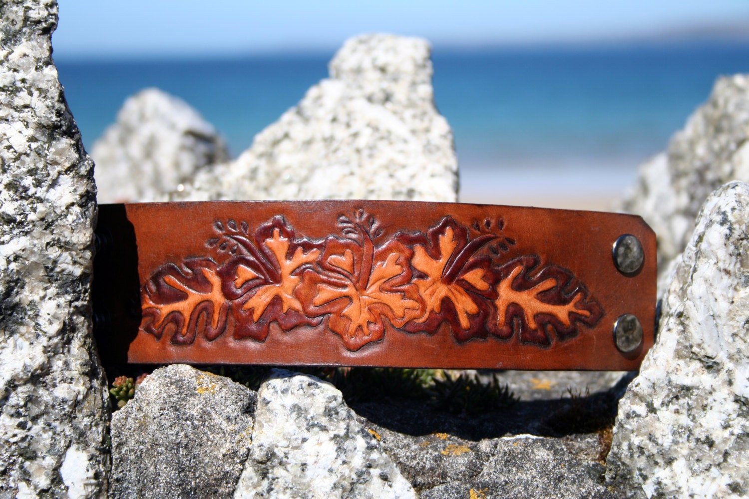 Ladies Leather cuff flower hibiscus surf tiki bracelet