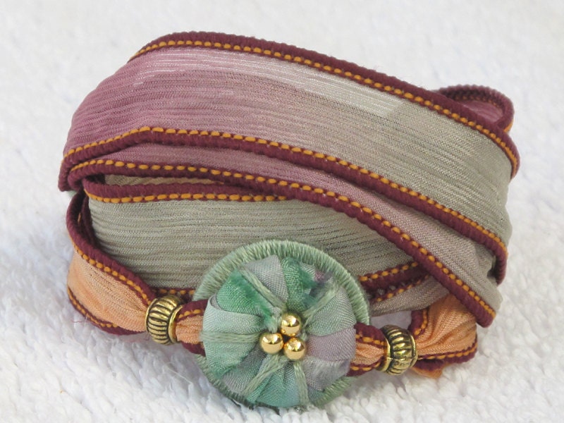 Silk Whirly Wrap Bracelet in peach, sage and lilac with pastel-dyed sari silk wrapped accent and secure magnet elegant original design