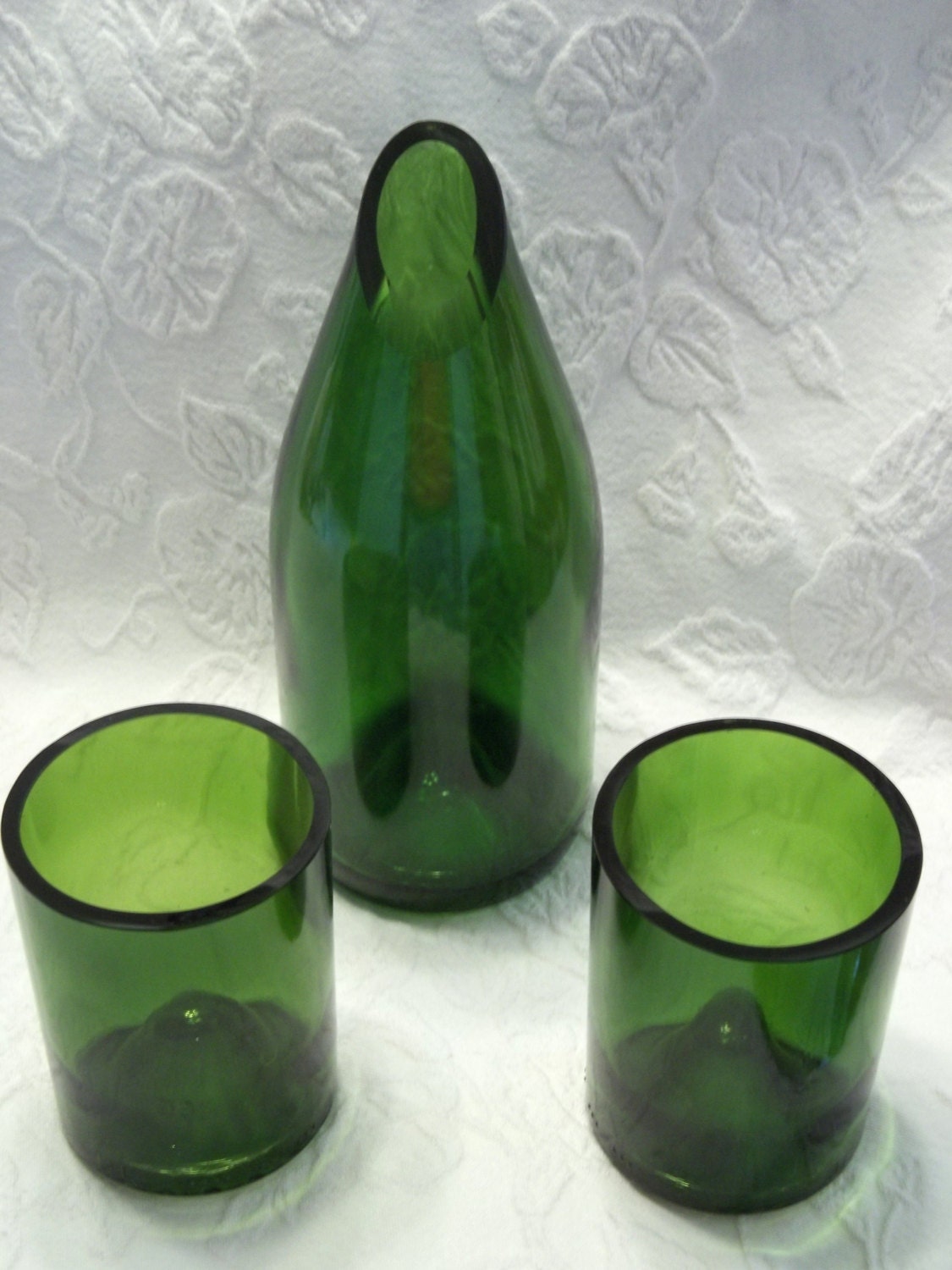 Recycled Green Wine Bottle Carafe and TWO (2) Stemless Wine Glasses