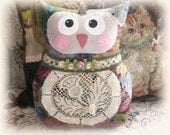 OWL Pillow Owl Doll 9 inch Soft Sculpture Doll, LEAVES Print, Vintage Doily, Primitive Handmade CharlotteStyle Decorative Folk Art