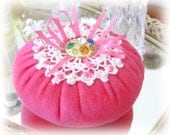 Pincushion Pin Keeper Flower, PINK Velour Puff  Pincushion Handmade CharlotteStyle Sewing Needlecraft