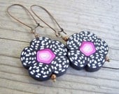 Polymer Clay Flower Earrings Black White Pink