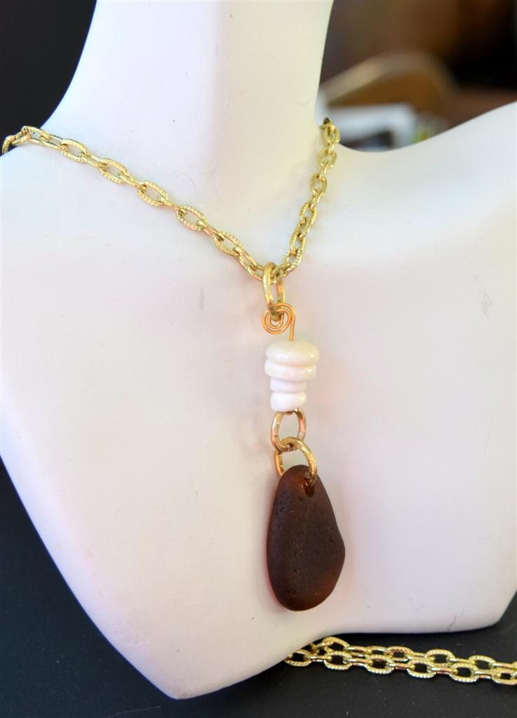 Amber Sea Glass Necklace, Genuine flawless brown sea glass on gold necklace