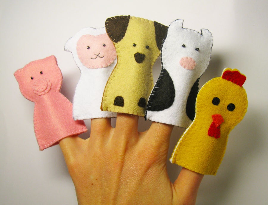 Farm Finger Puppets - Set of 5 - cow, sheep, chicken, pig, dog - Handmade Soft Felt Animal Friends Toy - For kids childrens - Double layers