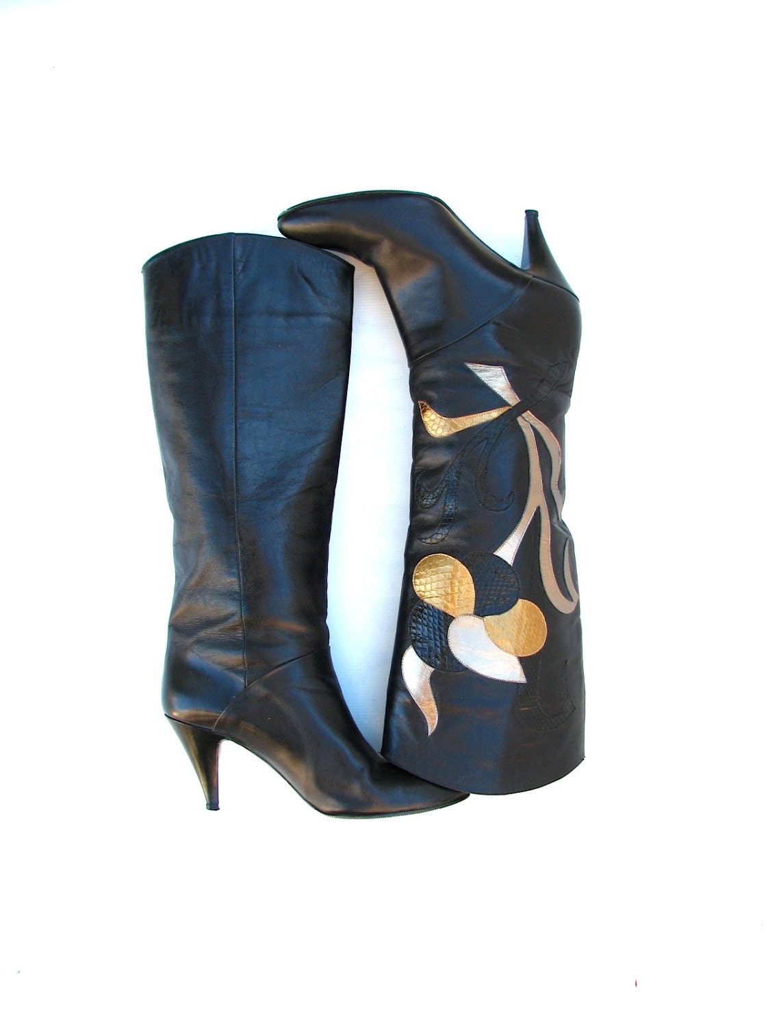 VTG 70s Charade Tall Leather Boots with Floral Detail - Sz 7 US