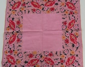 Vintage Pink Black Red Floral Flowers Hankie