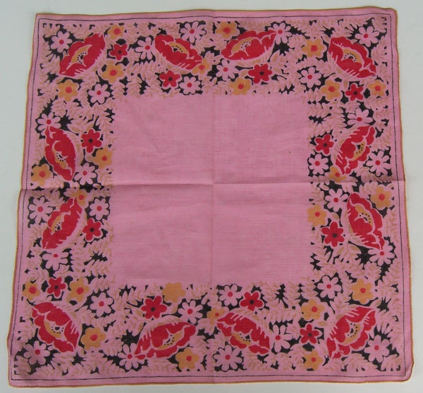Vintage Pink Black Red Floral Flowers Hankie