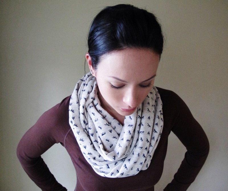 Equestrian Infinity Scarf - Horse Lover Scarf - Black Horses on Oatmeal BeigeThermal Knit - Circle Scarf