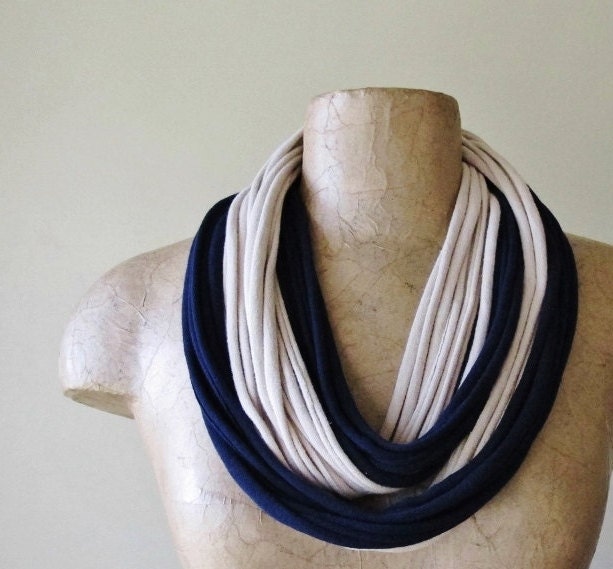 Closeout Sale - Cotton Scarf Necklace - Beige, Navy Blue Infinity Scarf - Upcycled Fashion - Eco Friendly Scarf