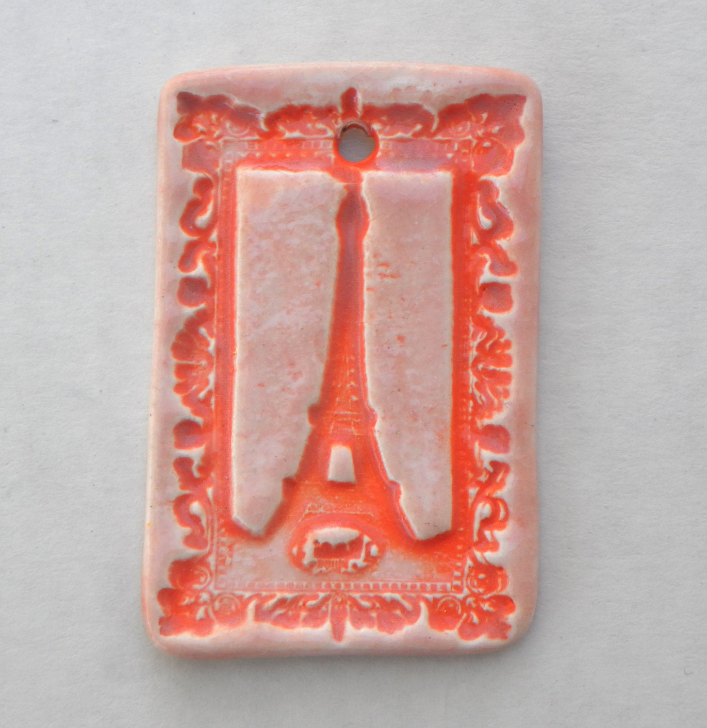 Large Pink Orange Eiffle Tower Paris France Ceramic Pendant  Bead