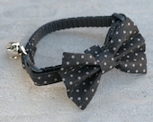 Cat Collar with Bow Tie - Black with Gray Polka Dots