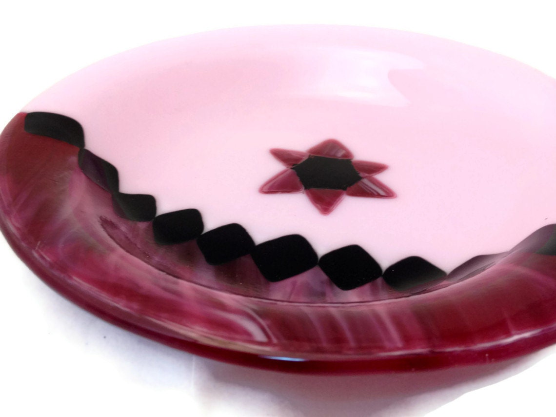 Fused  Glass Bowl Pink and Raspberry Swirl  with Chevron Motif LI 17