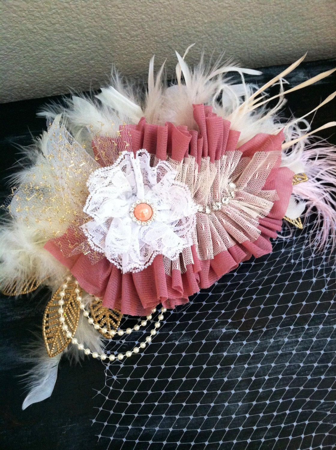 Vintage Gold Rose Fields by NEVER NOLA hair Large Hairpiece headband hat on vintage netting feathers vintage lace