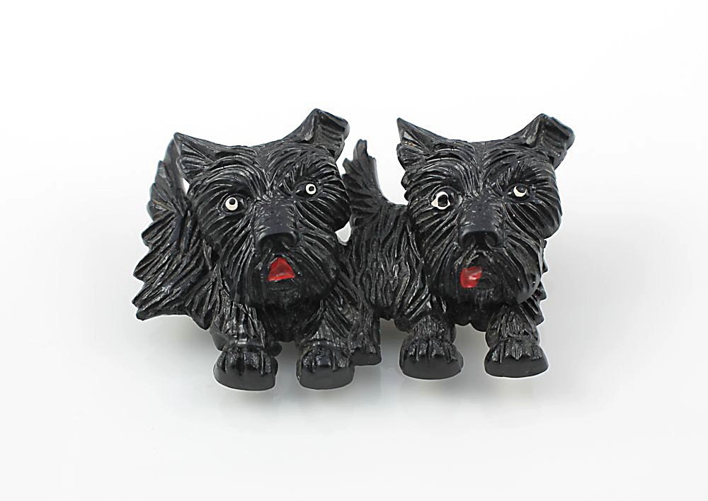 Vintage Scottie Terrier Brooch black plastic pin-up pups Movable Heads