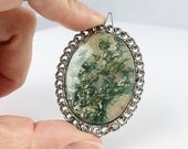 Large 1960s Vintage Moss Agate Brooch pendant