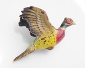 Vintage Wood Hand Carved Painted Bird Brooch 40s