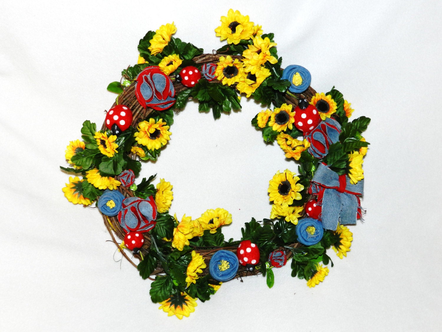 Sunflowers Denim and Ladybugs Wreath