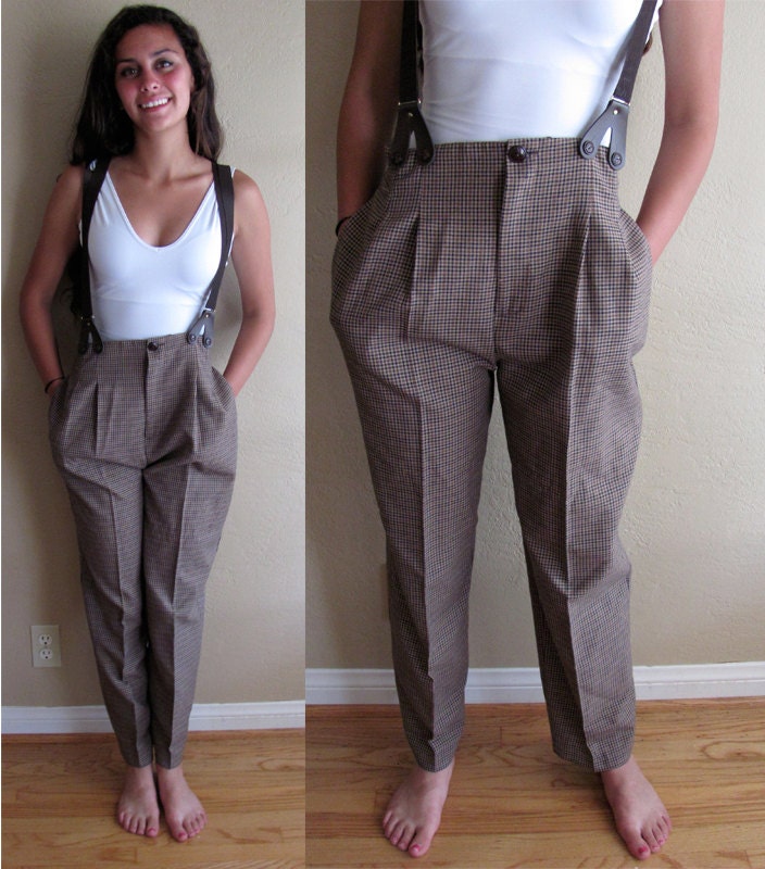 Vintage 1990's Plaid Baggy Pants with Built-in Suspenders by Tracy Evans - Medium
