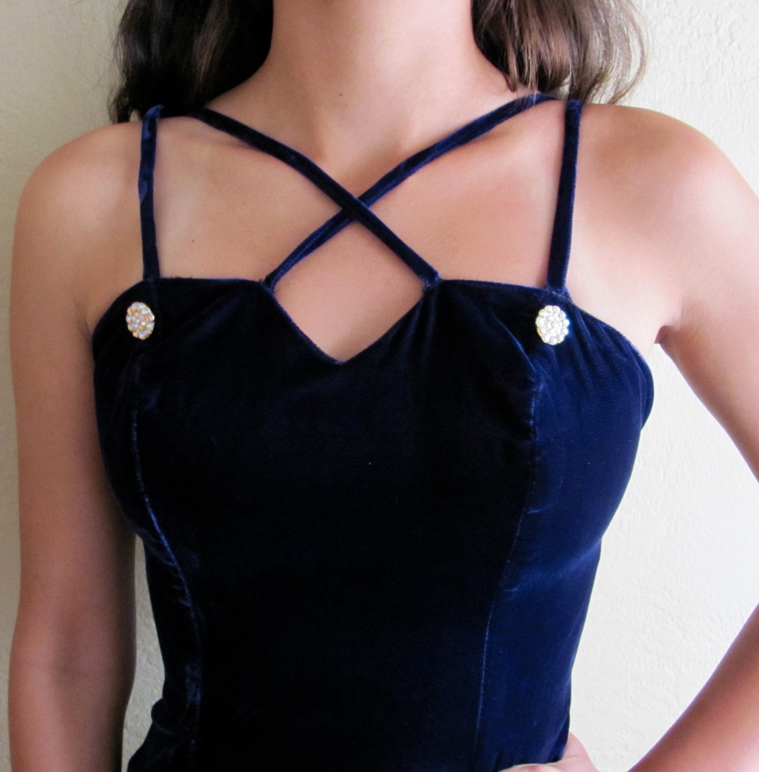 1990's Blue Velvet Dress with Unique Neckline, Rhinestones and Kick Slit - Size Small