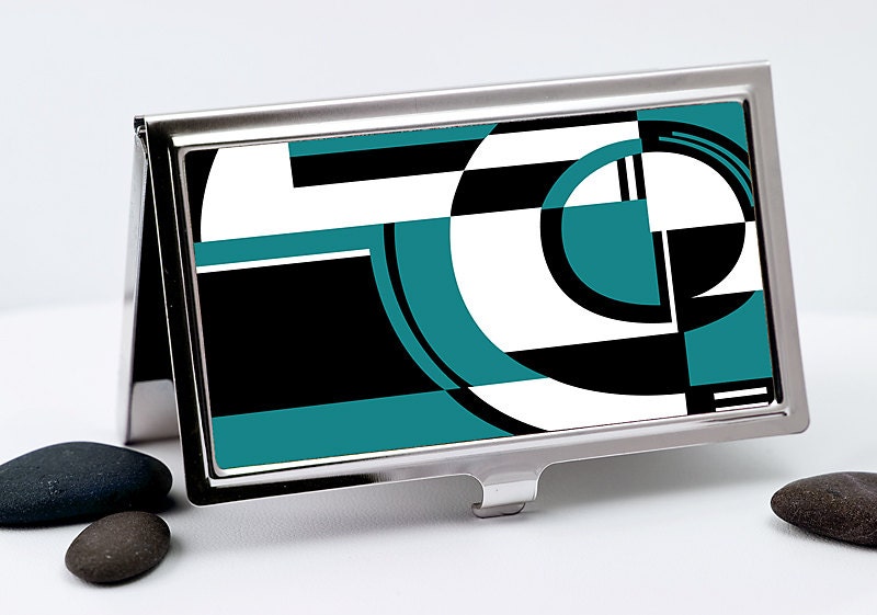 Handmade Business Card Case, Credit Card Case, Teal and Black Art Deco Vintage Jazz Motif, Men or Women's Accessory