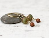 Earthy Green Brown Brass Dangle Earring, Czech Glass Muted Earth Beaded Earrings, Brass Long Dangle, Bohemian Jewelry