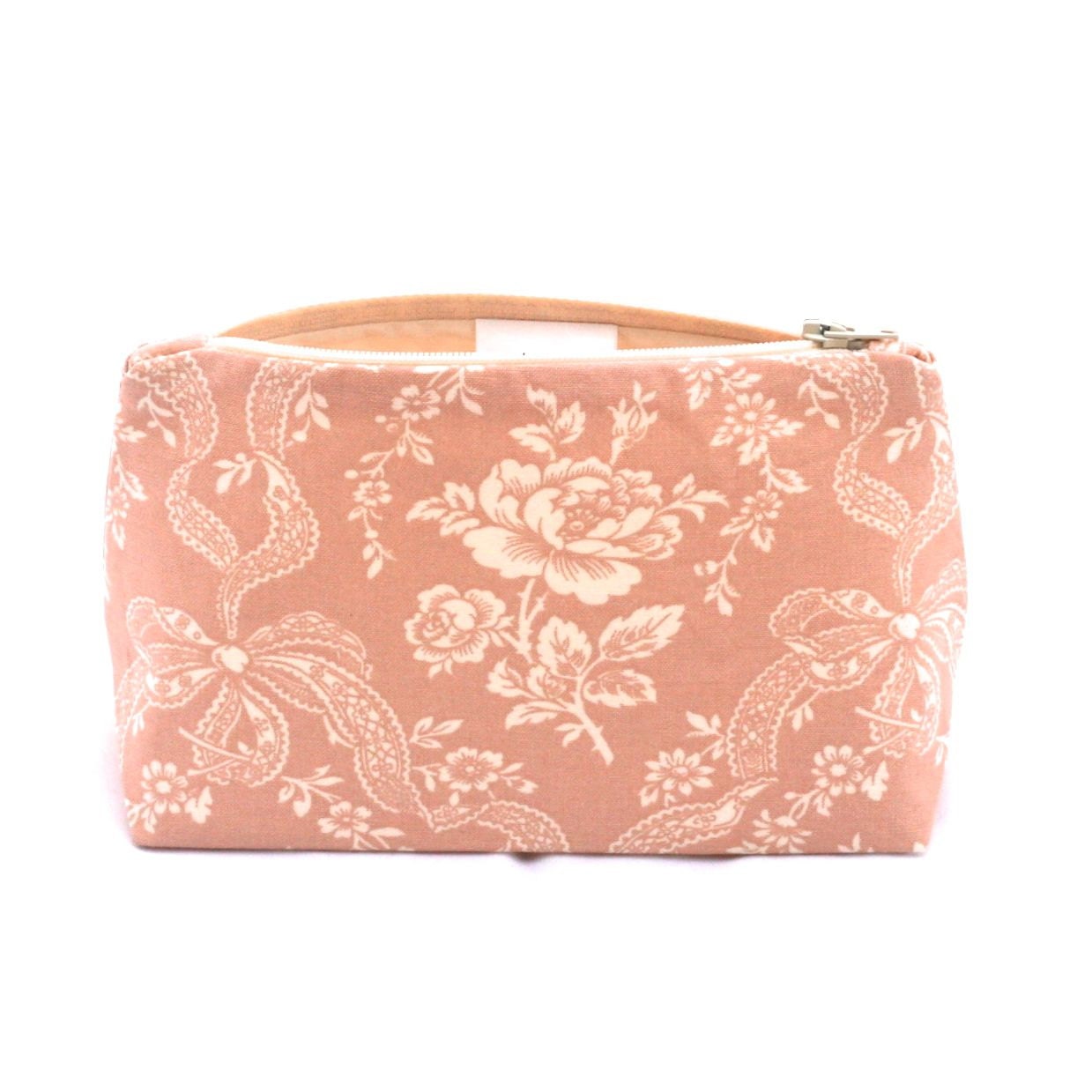 Vintage Dusty Rose Cosmetic Bag in Floral and Ribbon Print: Makeup Bag, Bridesmaid Gift, Small Gift for Her, Zipper Pouch