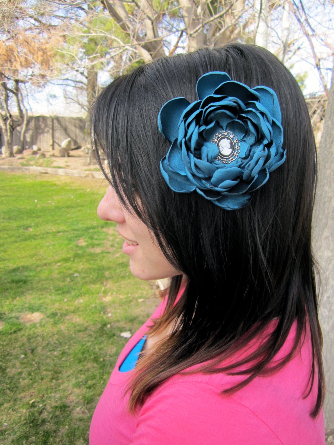 Dark Teal Petaled Satin Flower Hair Clip with Cameo Center
