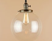 Pendant Light - X Large 10 inch Clear Glass Globe - Antique Style Cloth Wire - Handfinished in Oil Rubbed Bronze - Edison Light Bulb