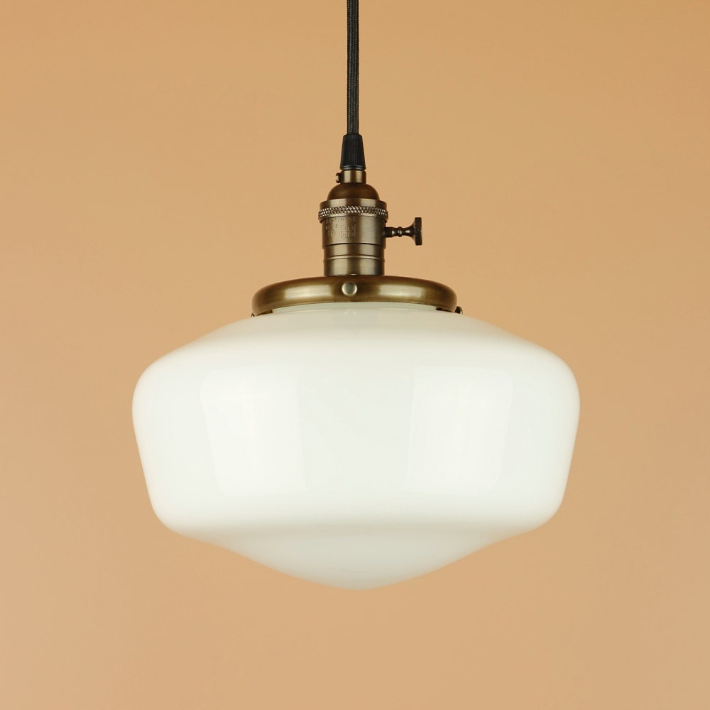 Schoolhouse Pendant Light - Large White Milk Glass Globe - Reproduction Cloth Wire - Handfinished in Oil Rubbed Bronze