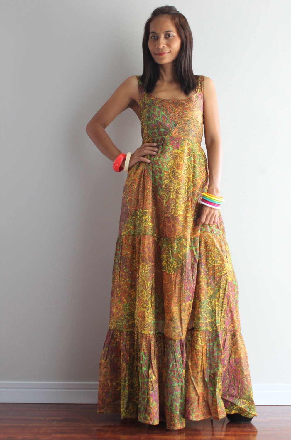Bohemian Sleeveless Peacock Print Long Maxi Dress : Hippie Chickie Collection