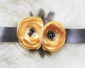 Yellow and Grey Bridal Sash - Maternity Sash - Summer - Photo Prop - Wedding - Belly Band - Feather Dress Sash - Canary Yellow - Vintage