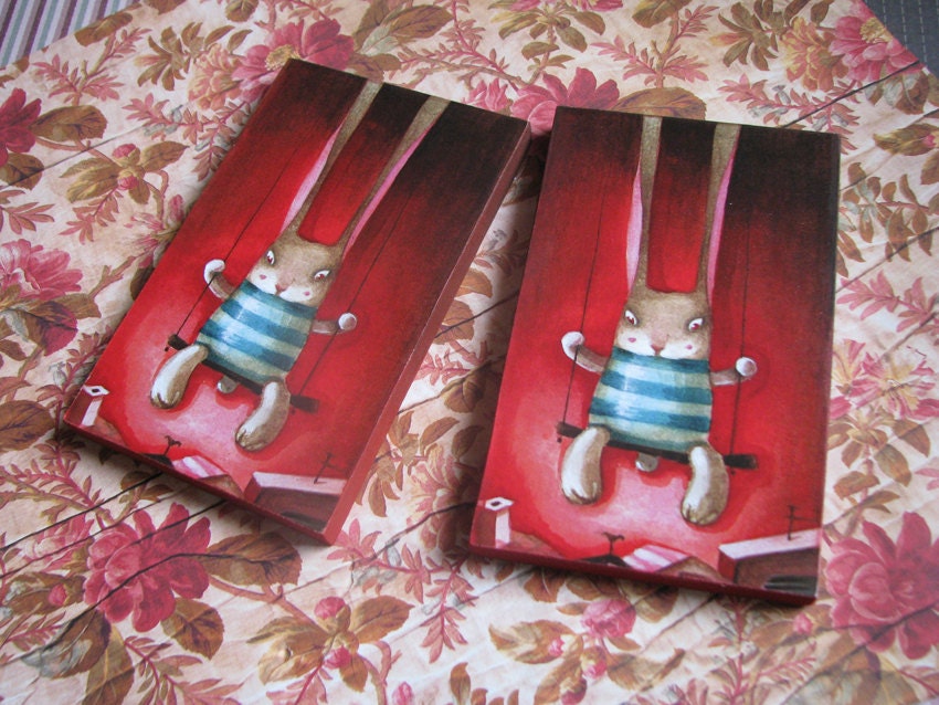 Rabbit is swinging ACEO-print of original watercolor illustration-kid nursery wall decor-kid art-Rabbit illustration