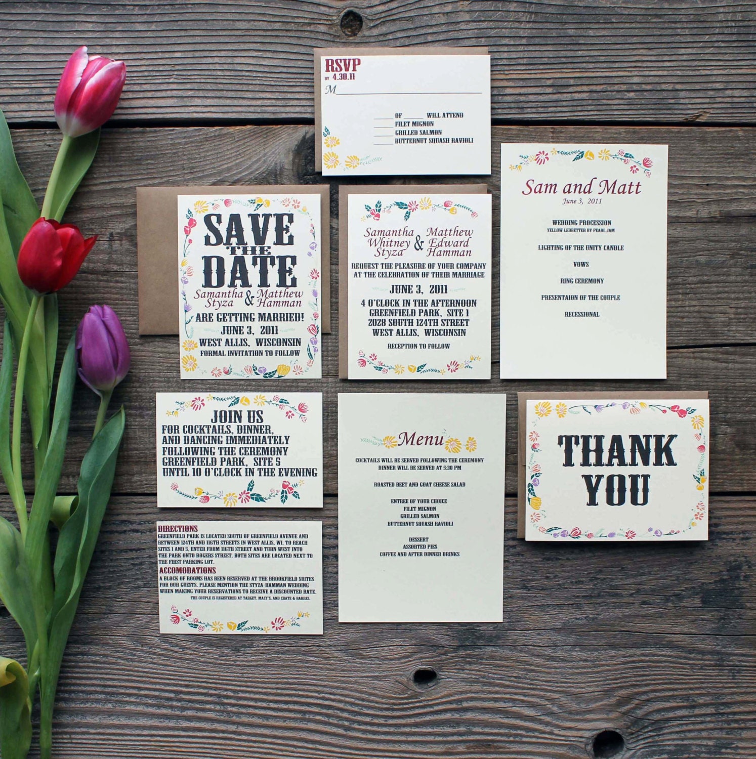 woodland floral wedding invitation SAMPLE suite - save the dates, invitations, response cards, reception cards, programs, thank you cards