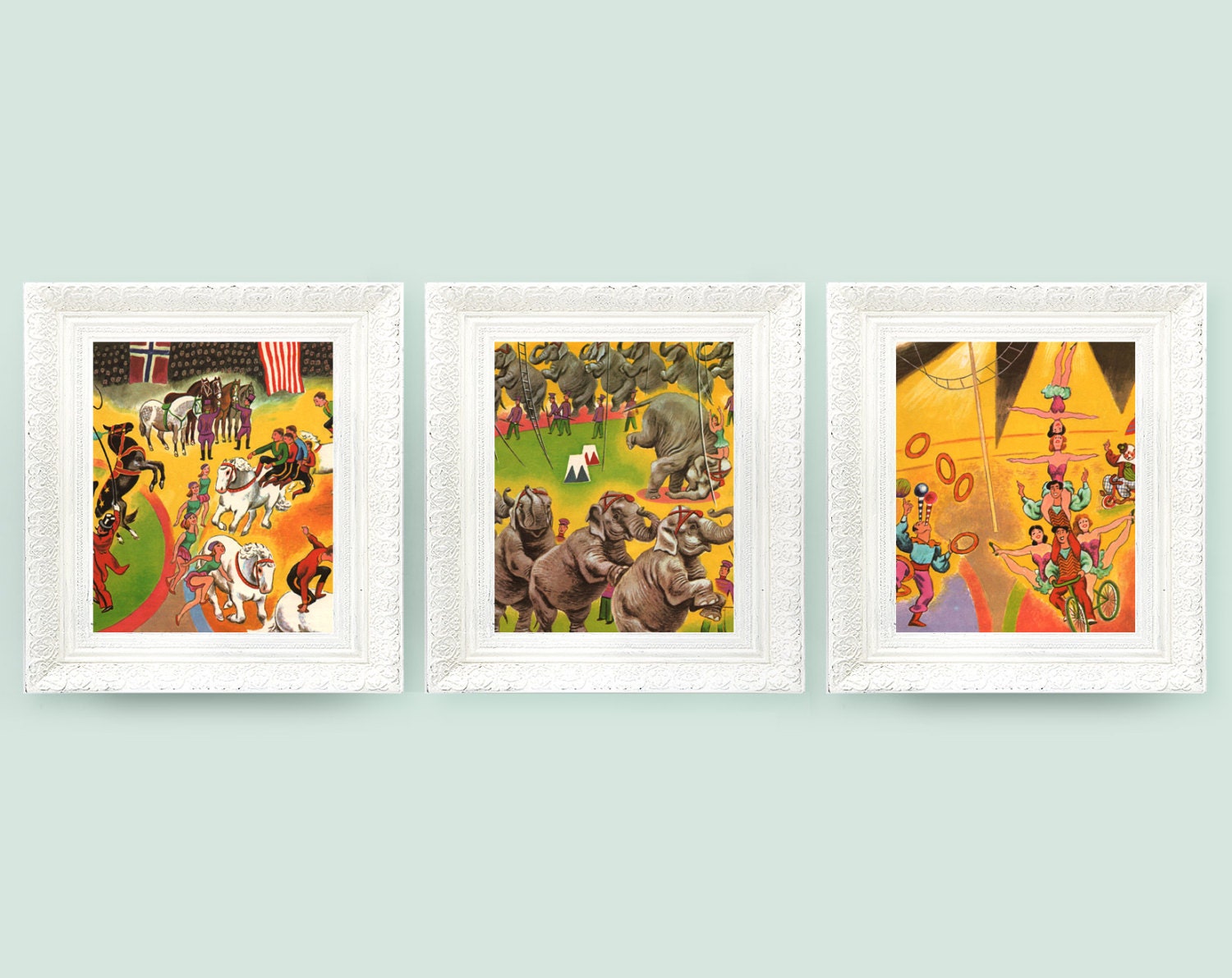 3 Circus Prints 6x7 illustrations for Babys Bedroom. Fairytale Nursery Full Color Storybook Plates Elephant Clown Horse Lion Tent Big Top
