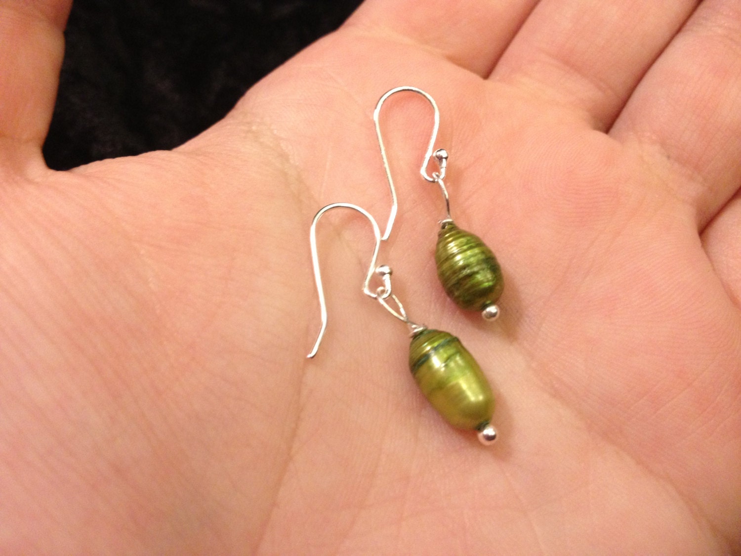 Beautiful Green Freshwater Pearl Drop Earrings- Silver plate