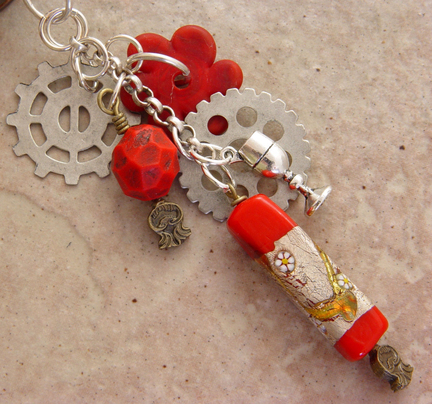 Wine Cork Pendant, Hot Red Mixed Media, Mixed Metals