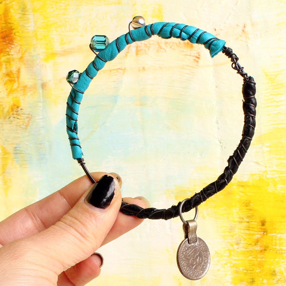 Leather Gypsy Bracelet , blue black Bangle cuff, Tribal Belly Dance arm wear wire wrapped, Black Lodge Jewelry