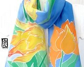 Hand painted silk scarf, Blue Silk Scarf, Spring Tulips Garden. Japanese Scarf. Silk Crepe. 8x54 in.