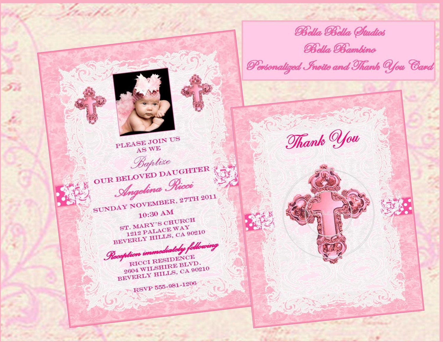 Bella Bambino - Printable Pink Personalized INVITE and THANK YOU Card - Birth Announcement Baptism Christening - Bella Bella Studios Il_170x135