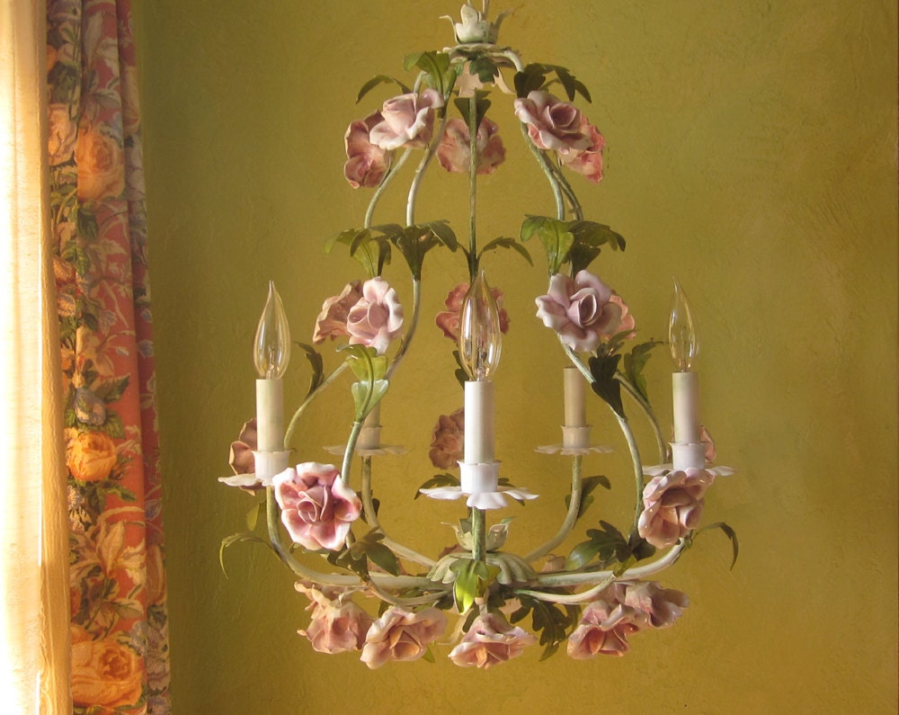 Vintage Chandelier, Tole with Pink Roses