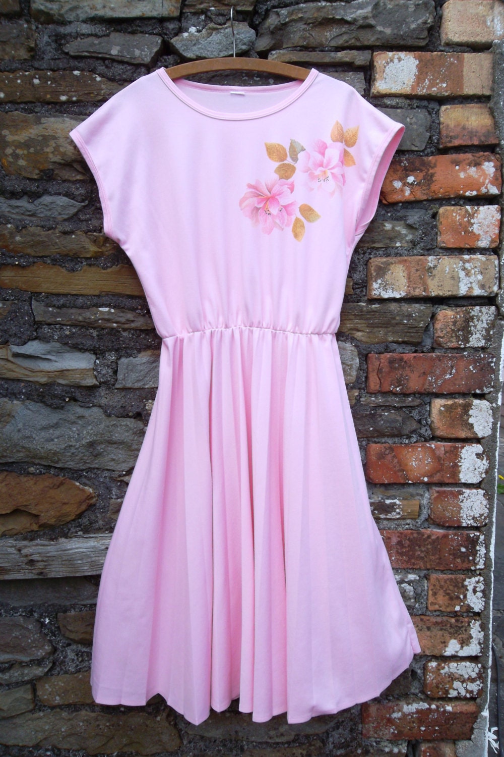 Vintage 80s pink floral flower printed pleated dress M