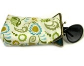 Sunglass Case - 100% cotton fabric - Beige with Green Paisley  - Antique Bronze Frame