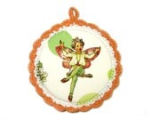 Fairy Tale - Fabric Picture in a Crochet frame - Wall art for kids room - Apple fairy fabric