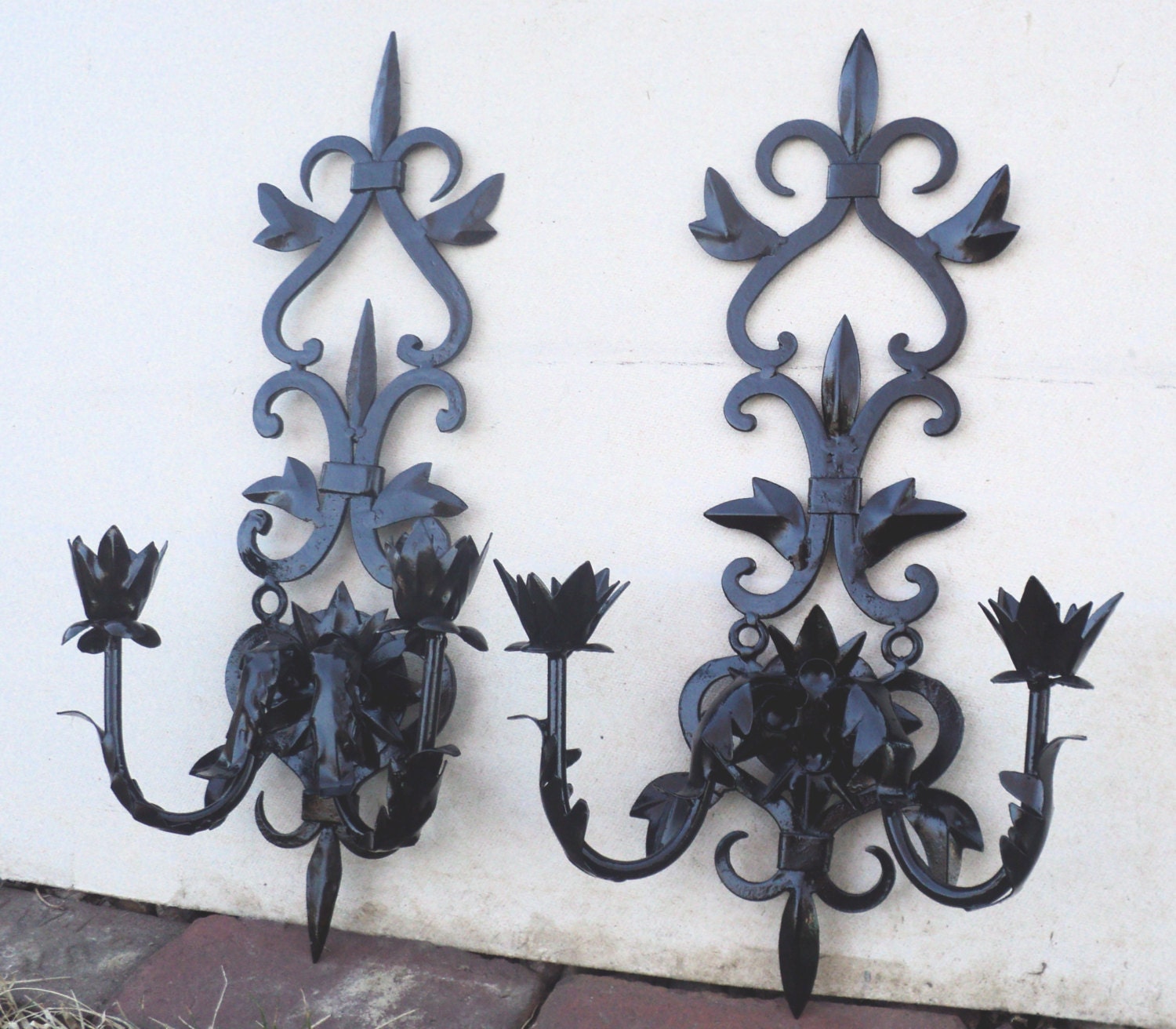 Large Ornate Metal Double Wall Sconce Set