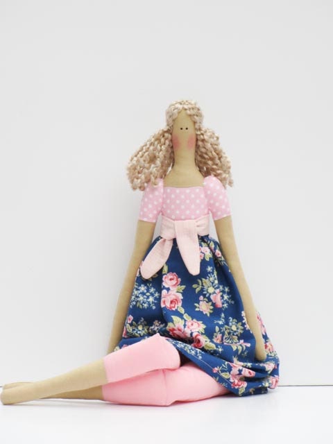 Stuffed doll lovely fabric doll in pink blue rose dress,blonde cloth doll, art doll cute toy doll rag doll Mothers gift for girls