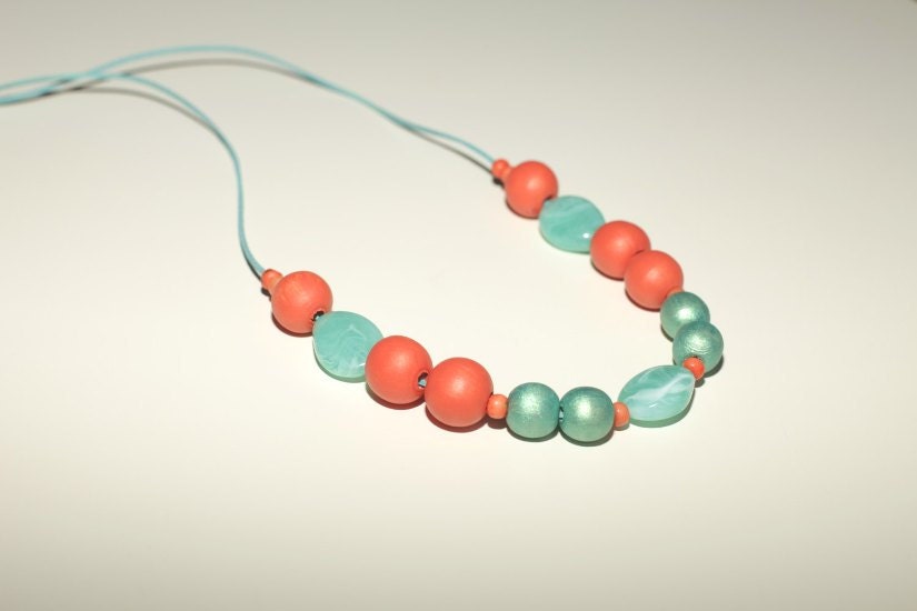 Coral Mint wooden necklace, mint peach chunky turquoise, peach orange necklace, wood hand painted chunky beads, OOAK