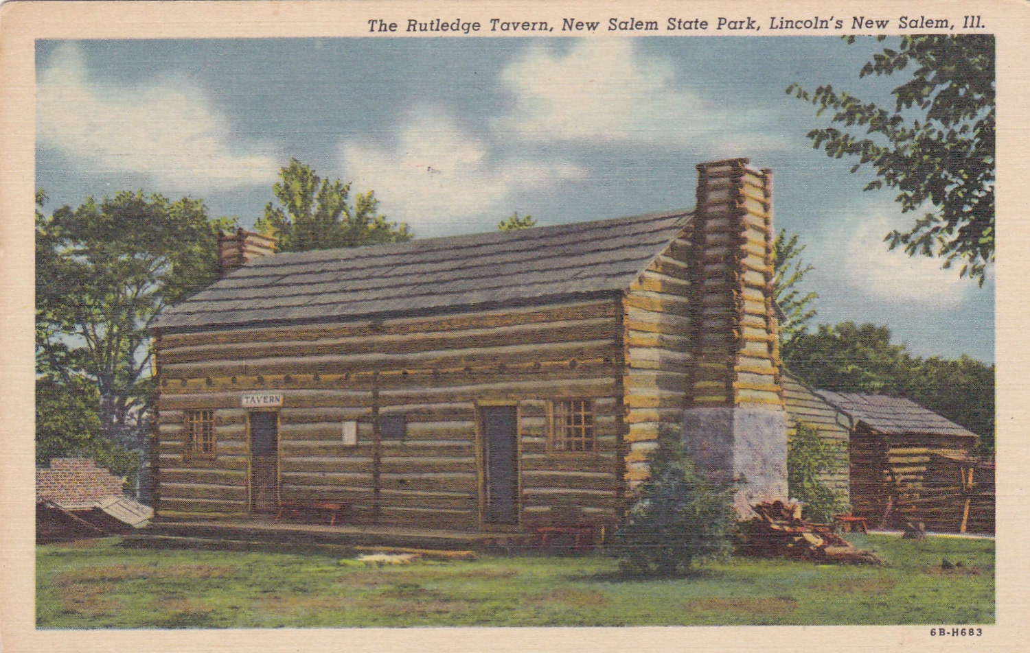 The Rutledge Tavern, New Salem State Park, Lincoln's New Salem, IL -Vintage Linen Postcard - Unused