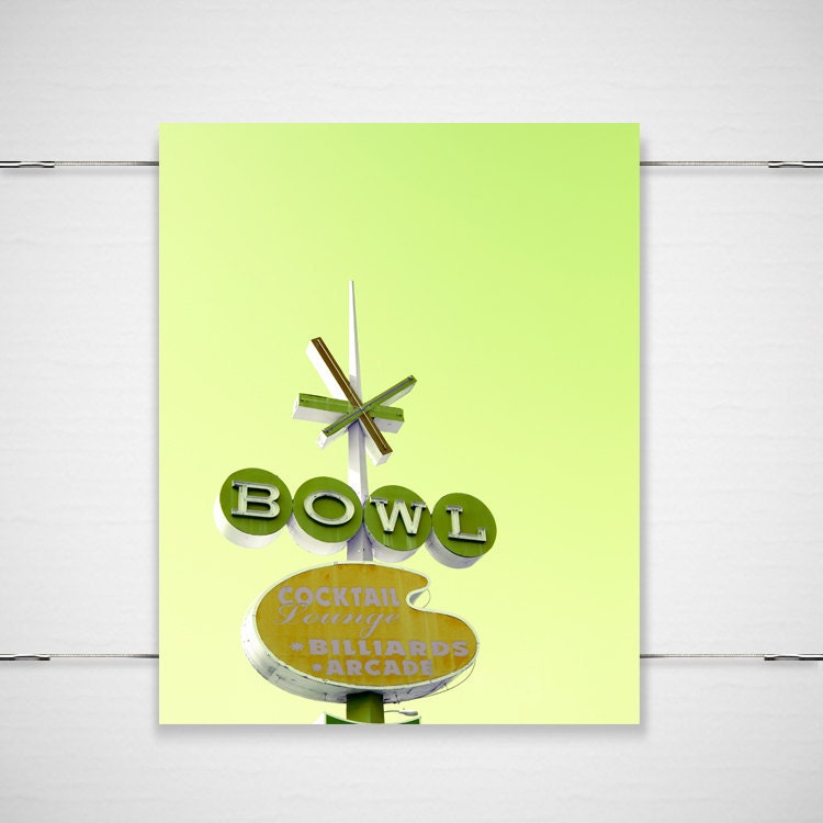 Retro Sign Photography 8x10 photograph print color mid century modern bowling sign choose your wall room decor whimsical 'Chartreuse Bowl'